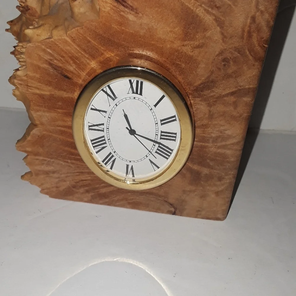 RARE CHARLES ELKAN DESIGNER BURL WOOD DESK BOOKEND CLOCK SIGNED